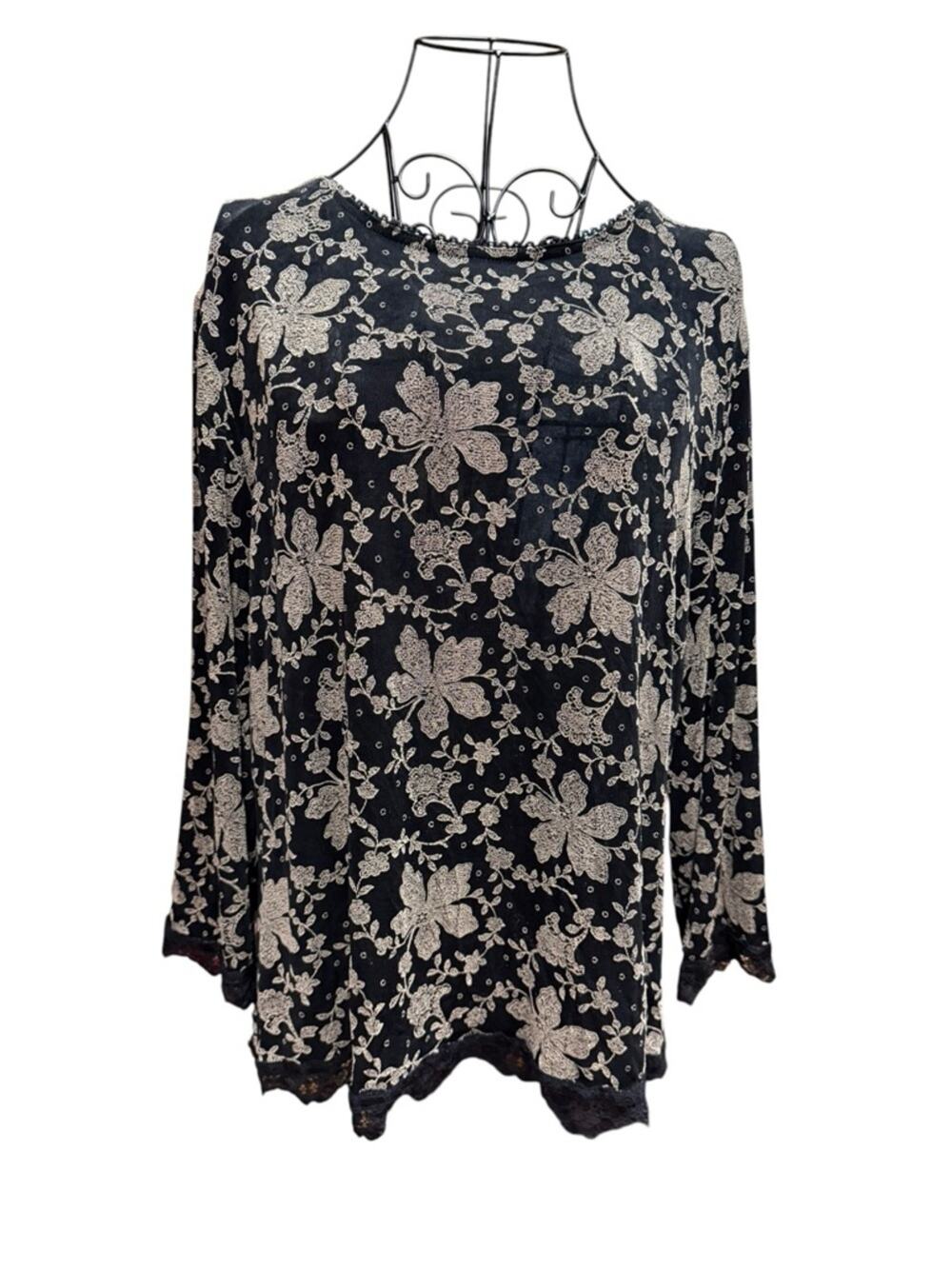 Softwear Black Floral Lace-Edge Long Sleeve Top XL